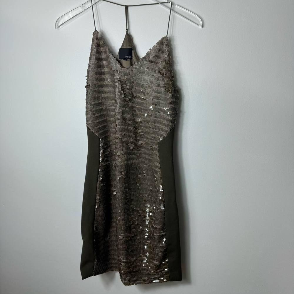 Revolve Greylin Alaia Mink Brown metallic Sequin Racerback tank dress xs 1862